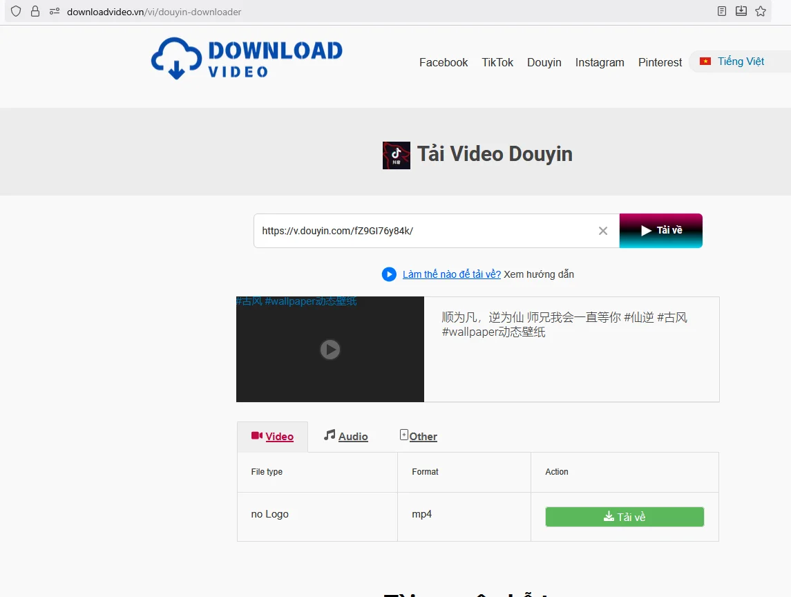 Douyin Downloader - giao diện tải video Douyin không logo