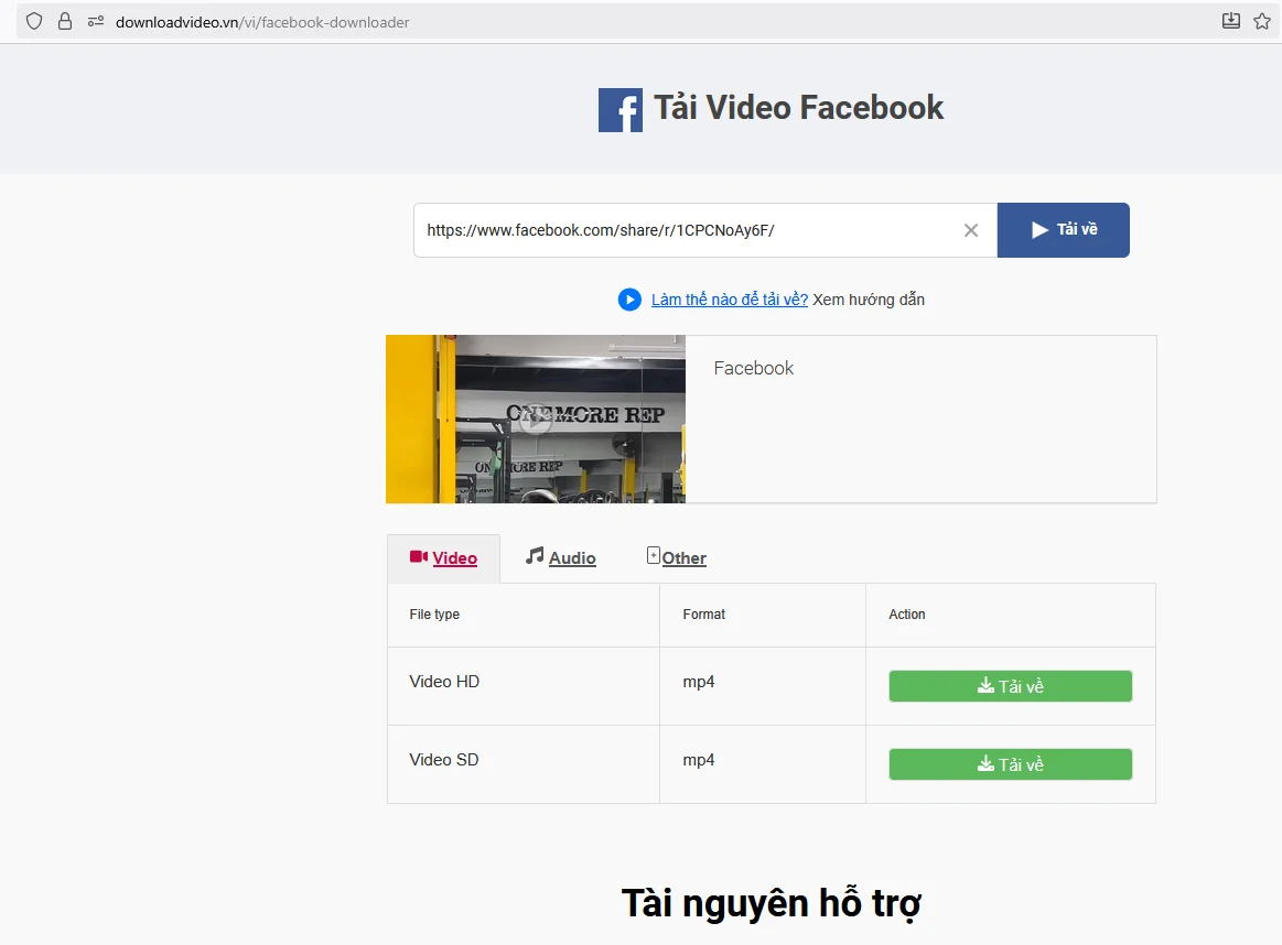 Facebook Downloader giao diện tải video