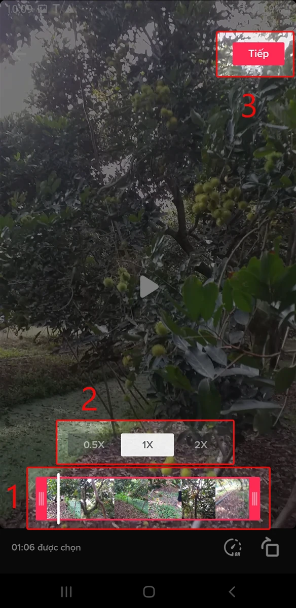 Tăng, giảm thời lượng và tốc độ phát video rồi tiếp tục nhấn Tiếp