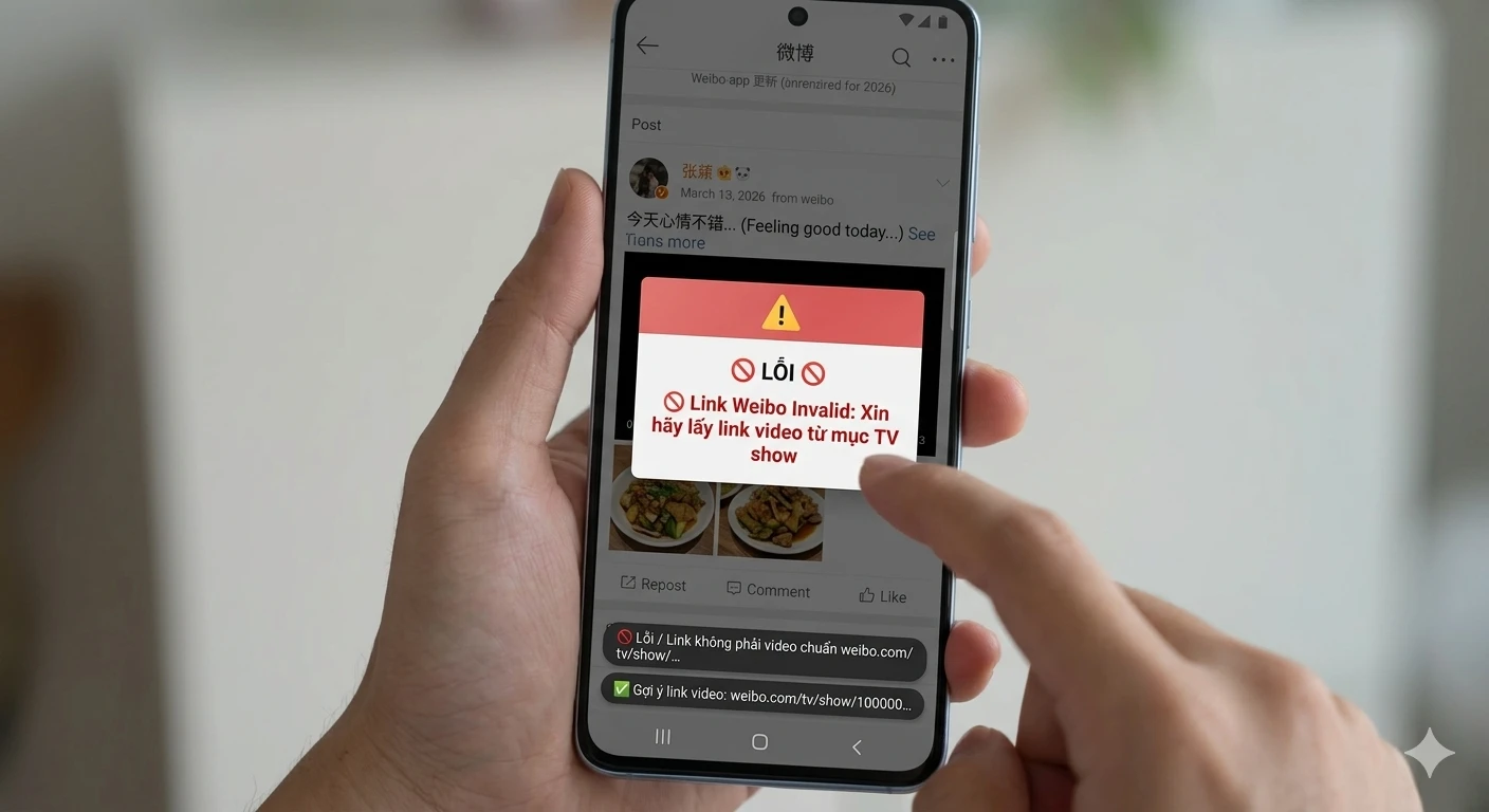 Chụp màn hình điện thoại báo lỗi link Weibo không hợp lệ Invalid URL khi lấy sai link bài viết Post Weibo