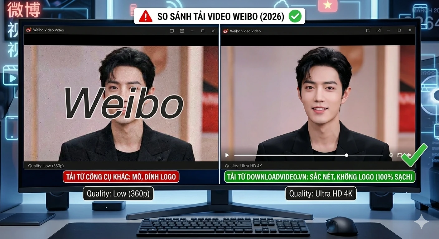 So sánh video Weibo tải từ DownloadVideo.vn sắc nét không logo với video dính logo mờ từ công cụ khác