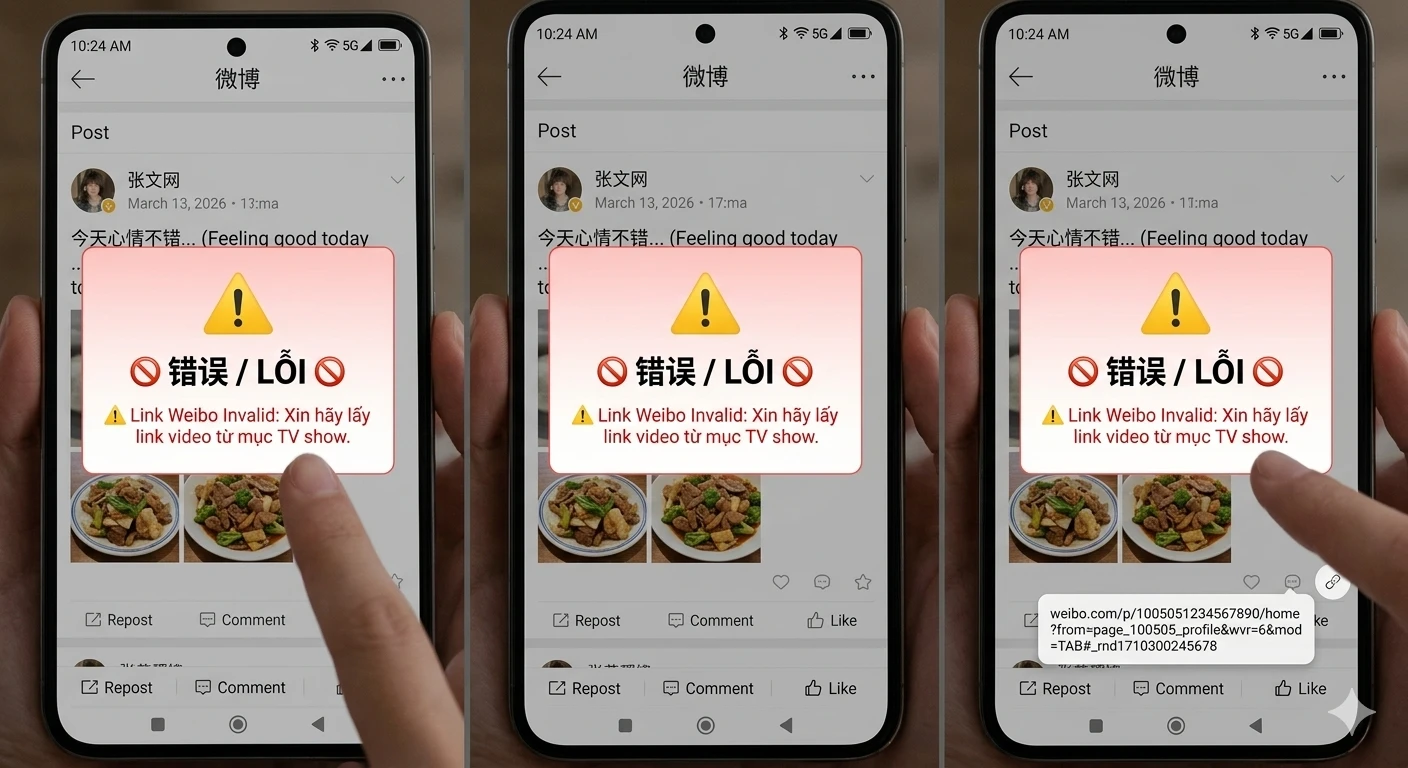 Chụp màn hình điện thoại báo lỗi link Weibo không hợp lệ Invalid URL khi lấy sai link bài viết Post Weibo