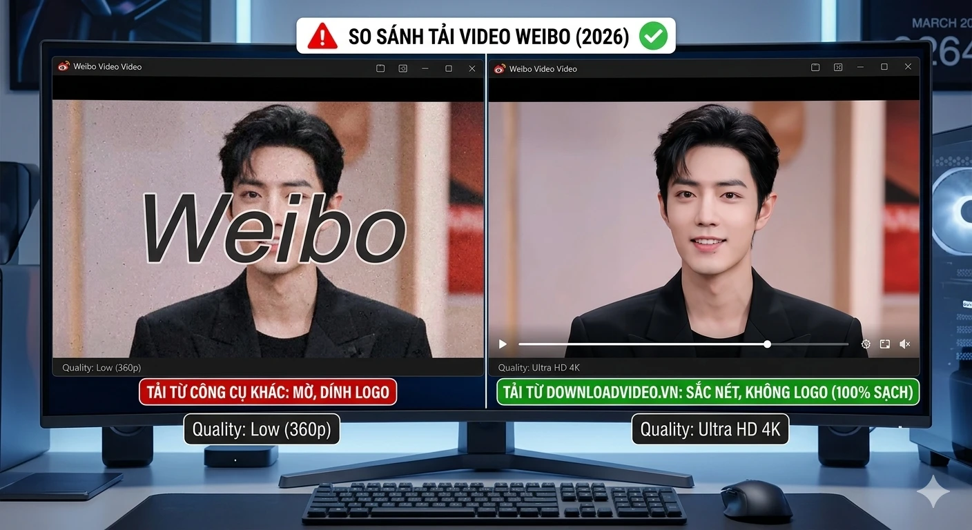 So sánh video Weibo tải từ DownloadVideo.vn sắc nét không logo với video dính logo mờ từ công cụ khác
