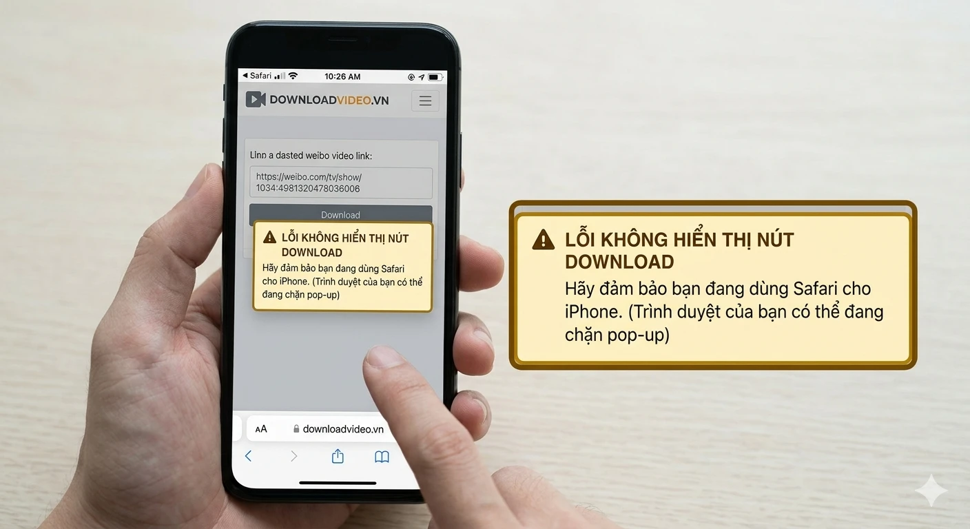 Chụp màn hình iPhone dùng Safari báo lỗi không hiển thị nút tải xuống video Weibo do chặn pop-up