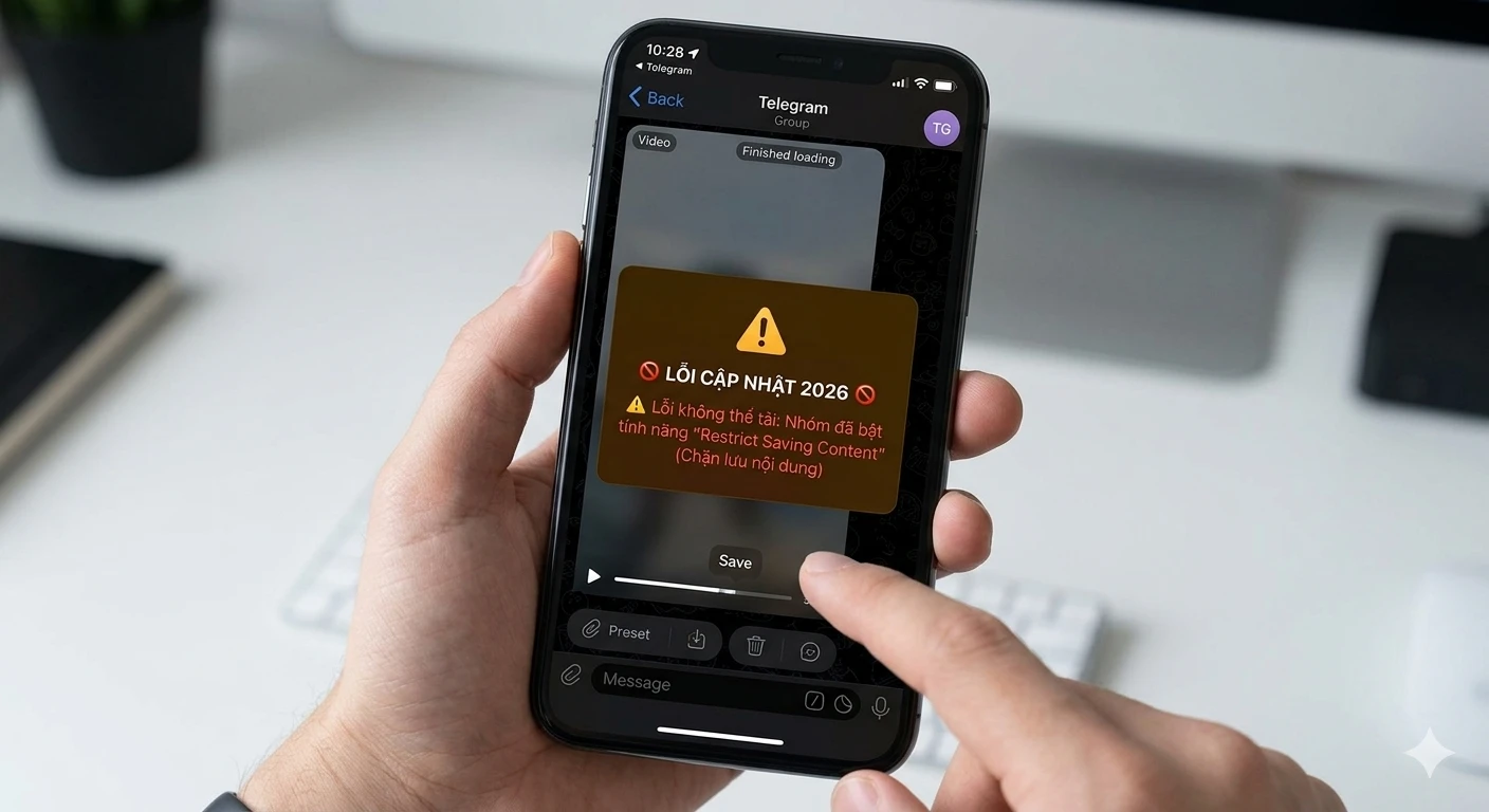 Chụp màn hình điện thoại Telegram báo lỗi restrict saving content chặn tải lưu video từ nhóm kín