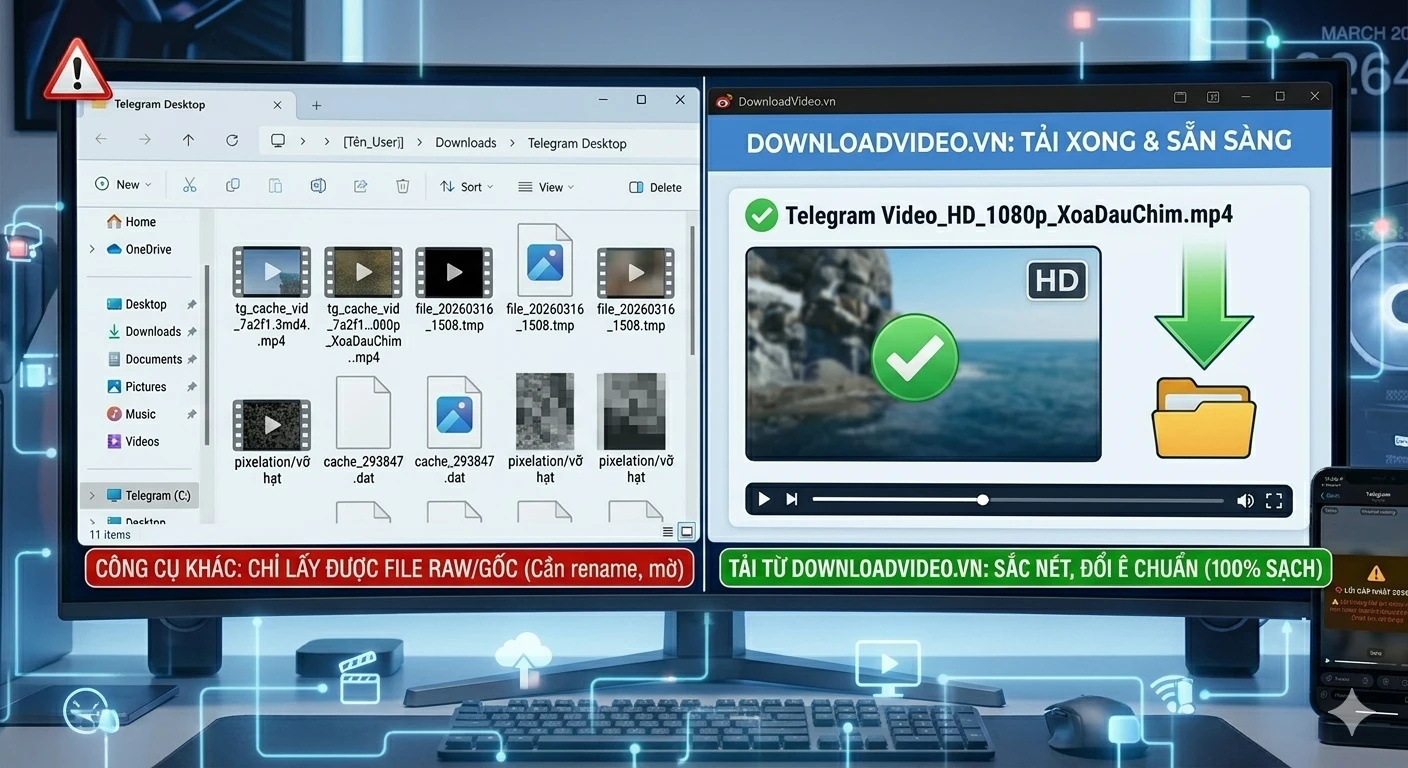So sánh chất lượng video Telegram tải từ Cache raw với video HD sắc nét xóa dấu chìm tải từ DownloadVideo.vn