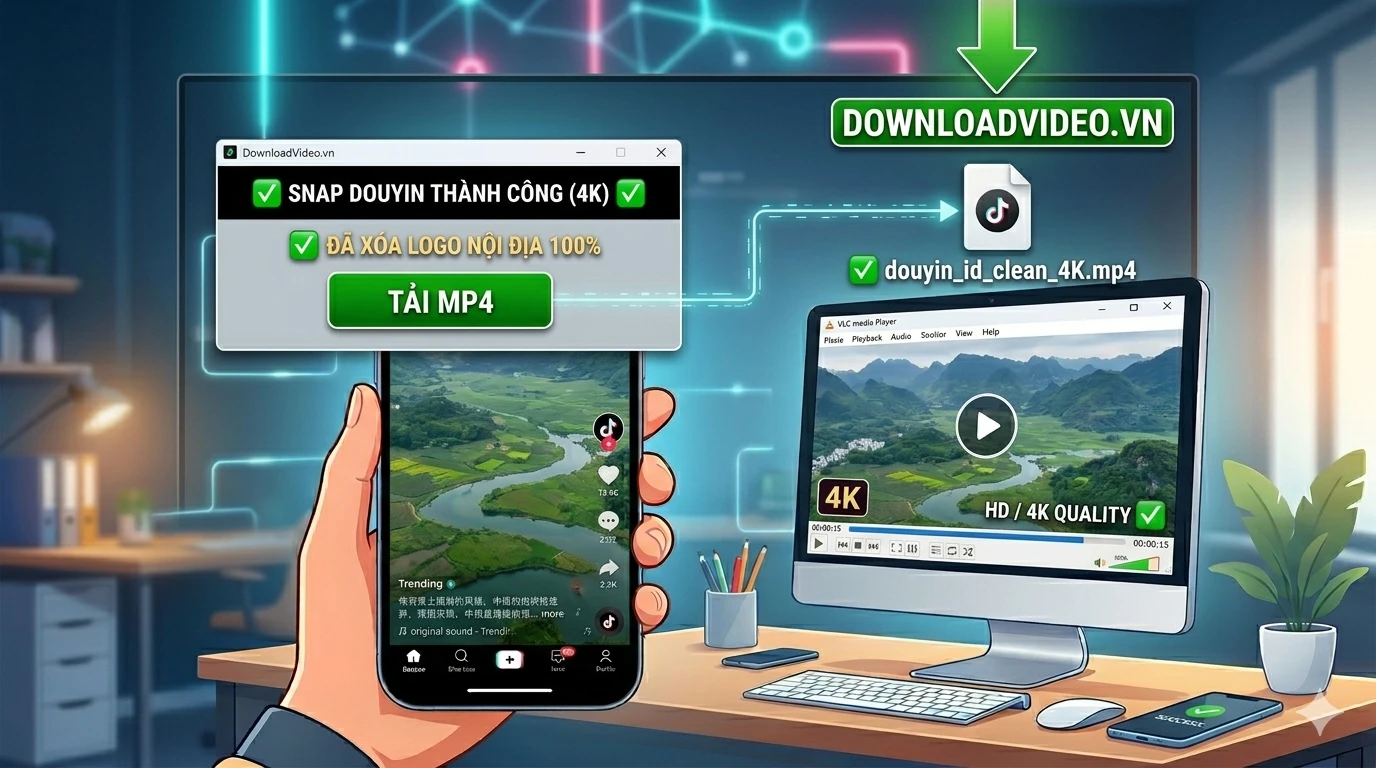 Chụp màn hình máy tính video Douyin tải thành công chất lượng 4K sạch logo nội địa 100% tại DownloadVideo.vn