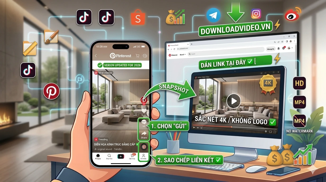 Chụp màn hình điện thoại hướng dẫn cách lấy link video Pinterest Decor & Architecture 4K 2026