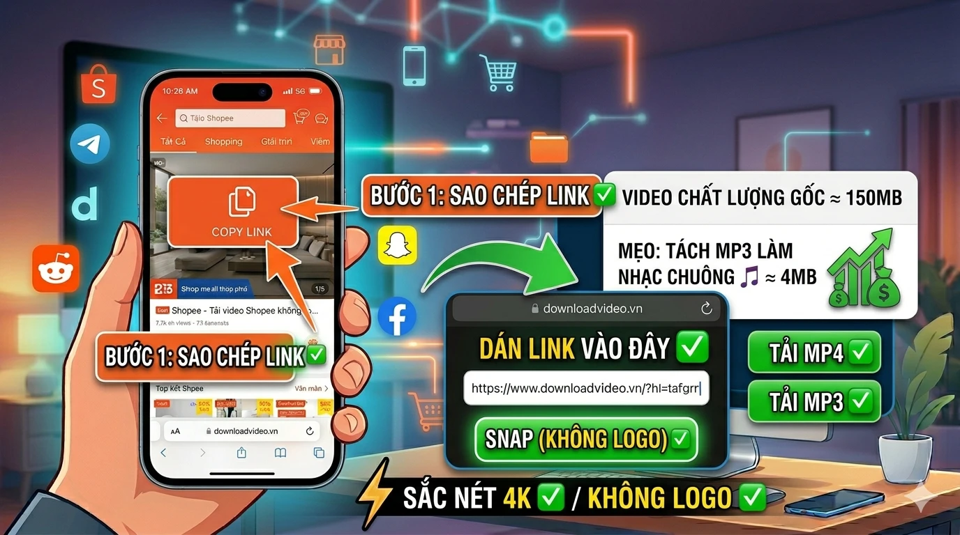 Hướng dẫn chi tiết cách dùng Snap Shopee để tải video Shopee không logo về điện thoại iPhone nhanh nhất 2026 tại DownloadVideo.vn