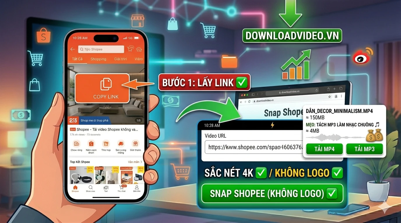 Hướng dẫn từng bước cách dán link Shopee vào DownloadVideo.vn để tải video không logo 4K/HD 2026