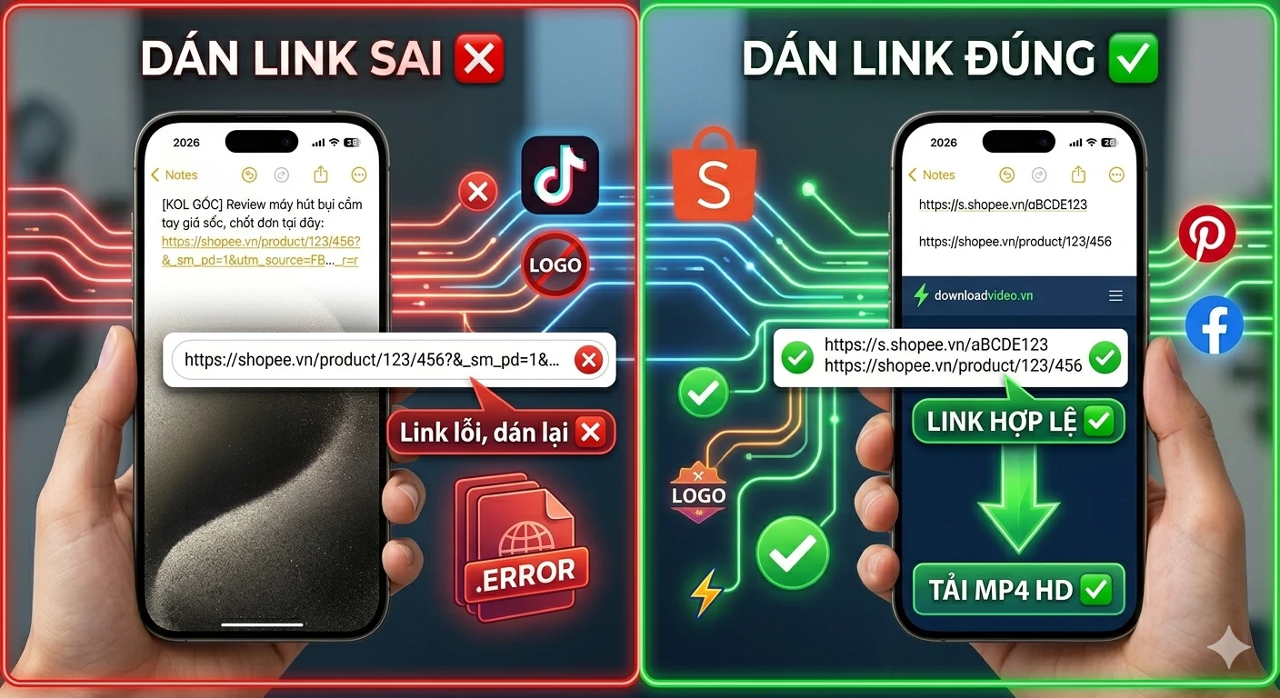 Ảnh hướng dẫn khắc phục lỗi dán link Shopee không hợp lệ khi tải video livestream trên điện thoại iPhone Android tại DownloadVideo.vn 2026
