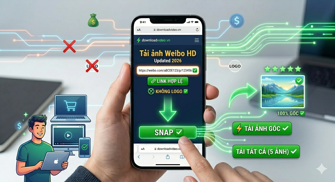 Ảnh hướng dẫn các bước lấy link sạch không logo và tải ảnh Weibo HD gốc hàng loạt trên điện thoại iPhone/Android tại DownloadVideo.vn 2026