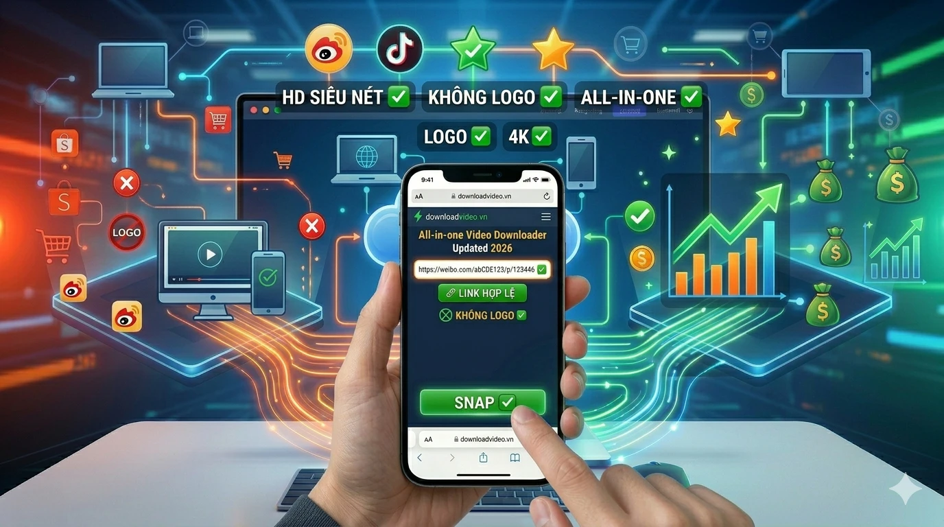Giao diện bộ tải video đa nền tảng bóc tách link gốc 4K không logo watermark 2026