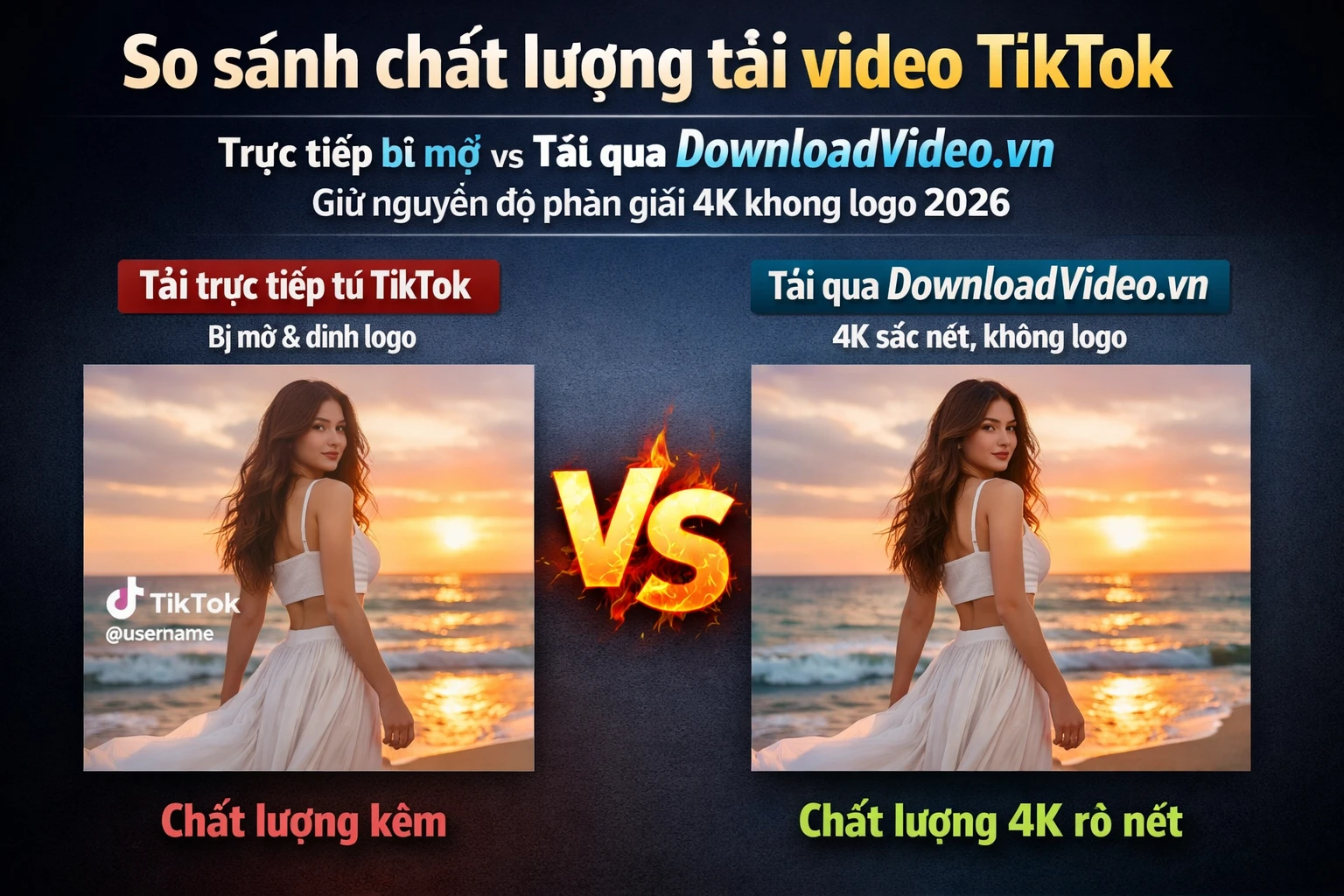 So sánh chất lượng tải video TikTok trực tiếp bị mờ vs tải qua DownloadVideo.vn giữ nguyên độ phân giải 4K không logo 2026