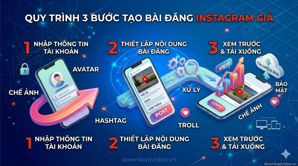 Infographic hướng dẫn 3 bước tùy chỉnh thông tin tài khoản Instagram giả mạo, thiết lập nội dung bài đăng và xem trước, tải xuống