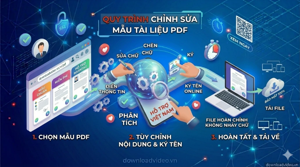 Sơ đồ 3 bước: 1. Chọn mẫu tài liệu; 2. Chỉnh sửa nội dung & ký tên online; 3. Xuất file PDF chuẩn.