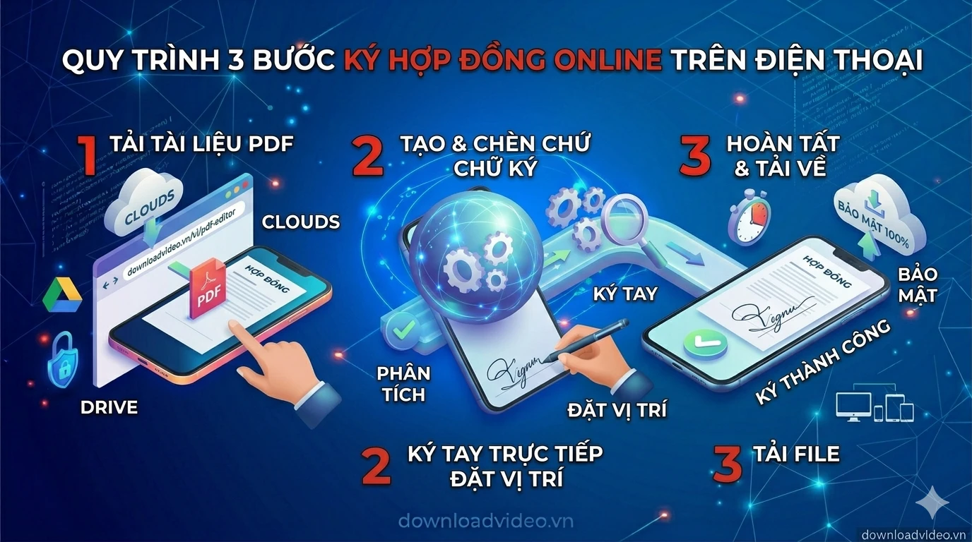 Infographic hướng dẫn 3 bước tải tài liệu PDF hợp đồng lên điện thoại, tạo và chèn chữ ký, hoàn tất và tải về