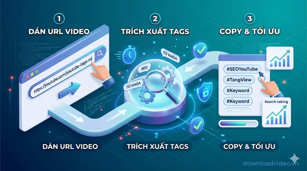 Infographic hướng dẫn 3 bước lấy tags video YouTube đối thủ, copy tags và tối ưu SEO lên Top