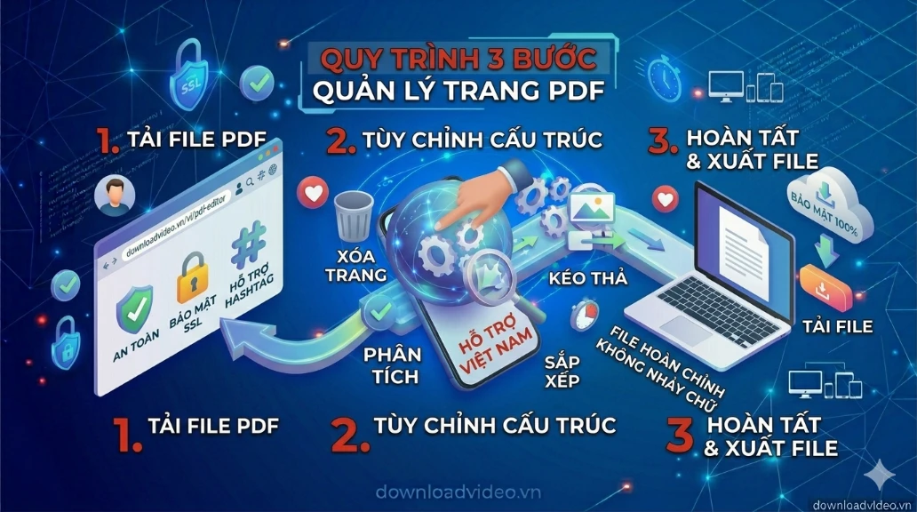 Sơ đồ quản lý PDF: Tải tệp lên, xóa hoặc sắp xếp trang và xuất file hoàn thiện