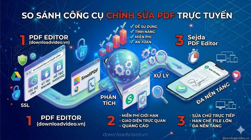 Infographic so sánh 3 bước lựa chọn công cụ PDF: 1. PDF Editor của downloadvideo.vn (Tốc độ, Bảo mật, Hỗ trợ tiếng Việt); 2. SmallPDF (Giao diện đẹp, giới hạn miễn phí); 3. Sejda (Sửa chữ trực tiếp, hạn chế file lớn). Sơ đồ 3D công nghệ.