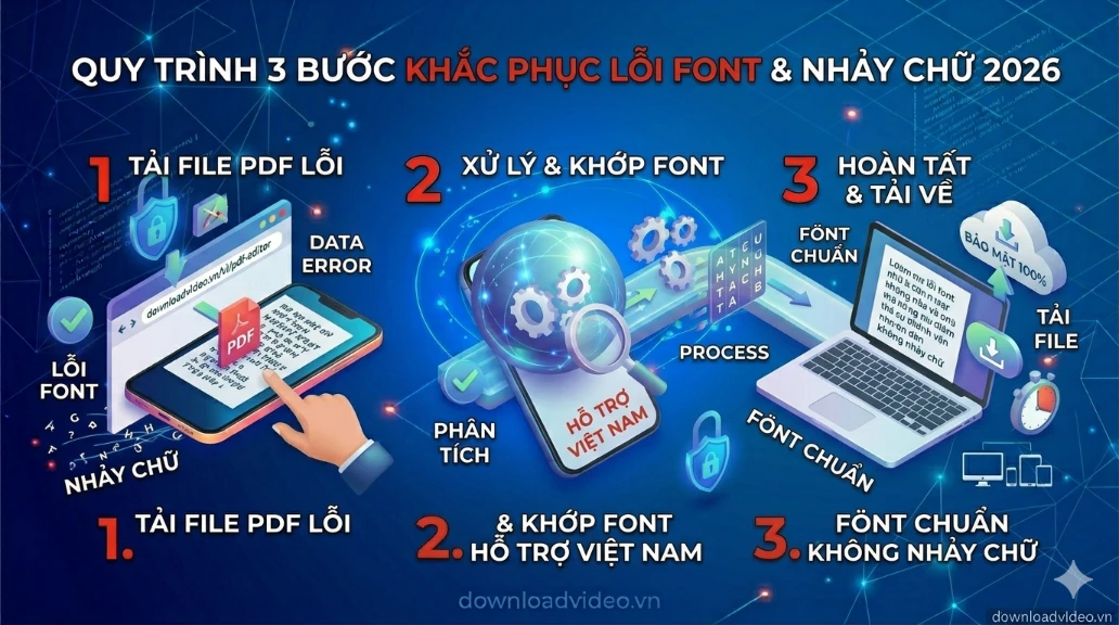 Sơ đồ 3 bước sửa lỗi font PDF: 1. Tải file lỗi; 2. Khớp font Unicode; 3. Xuất file chuẩn không nhảy chữ.