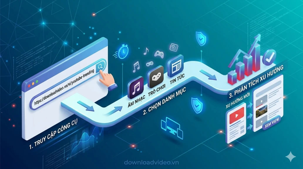 Infographic hướng dẫn 3 bước truy cập công cụ YouTube Trending, chọn danh mục và phân tích xu hướng