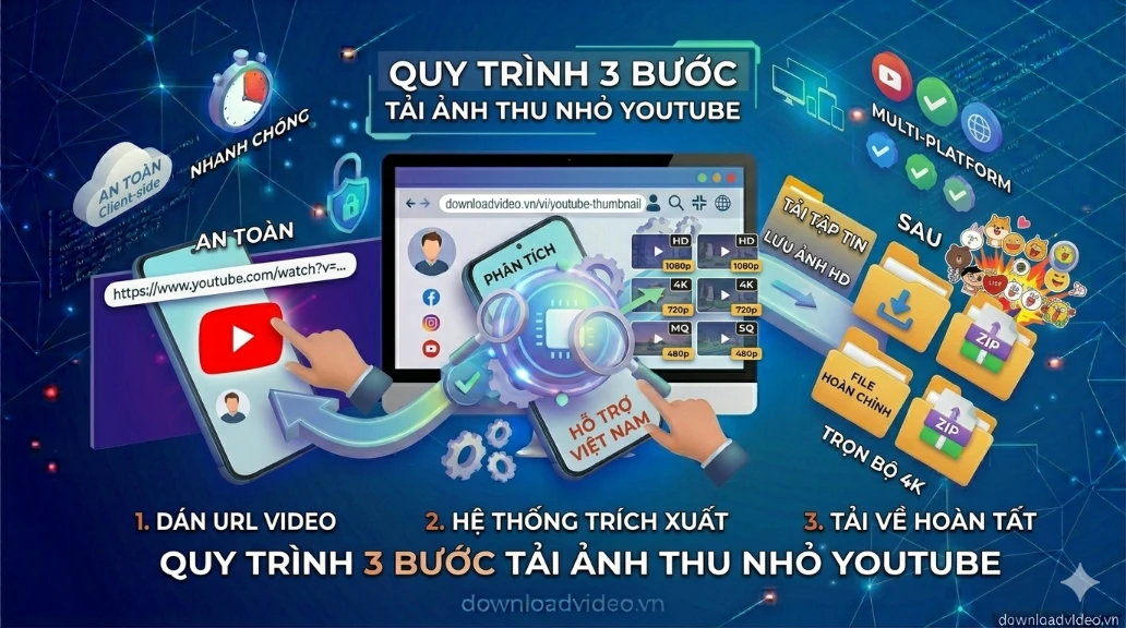 Sơ đồ 3 bước tải ảnh thu nhỏ YouTube: 1. Dán URL video; 2. Hệ thống trích xuất ảnh; 3. Chọn chất lượng và tải về.