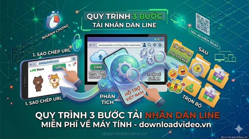 Quy trình 3 bước tải sticker LINE: 1. Copy URL từ LINE Store; 2. Dán vào công cụ; 3. Nhấn Tải về.