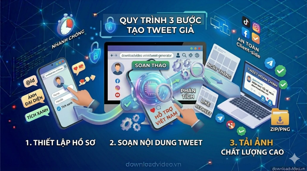 Sơ đồ 3 bước tạo tweet giả: 1. Nhập tên và ảnh đại diện; 2. Soạn nội dung và số lượt Like; 3. Tải ảnh chất lượng cao.
