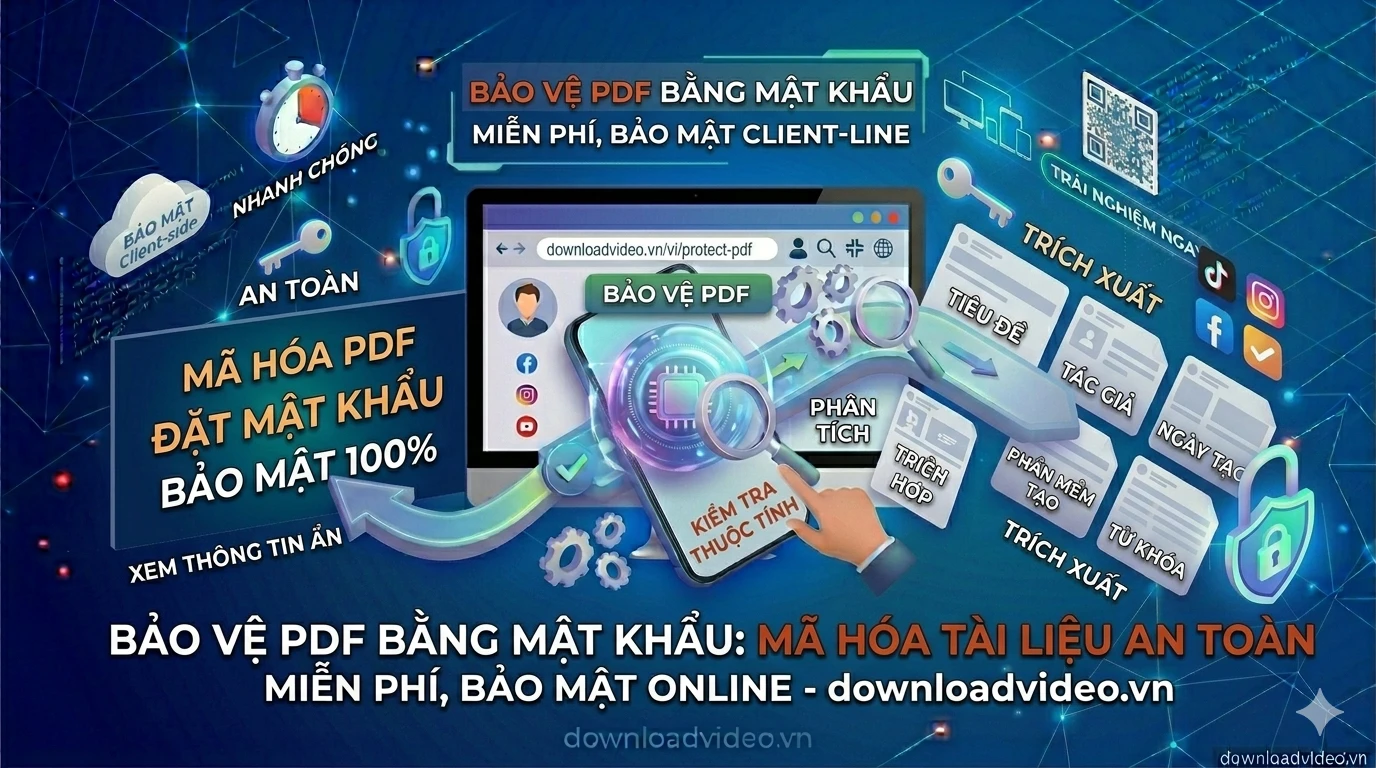 Sơ đồ 3 bước bảo vệ PDF: 1. Tải tệp PDF lên; 2. Nhập mật khẩu bảo mật; 3. Tải file đã mã hóa về máy.