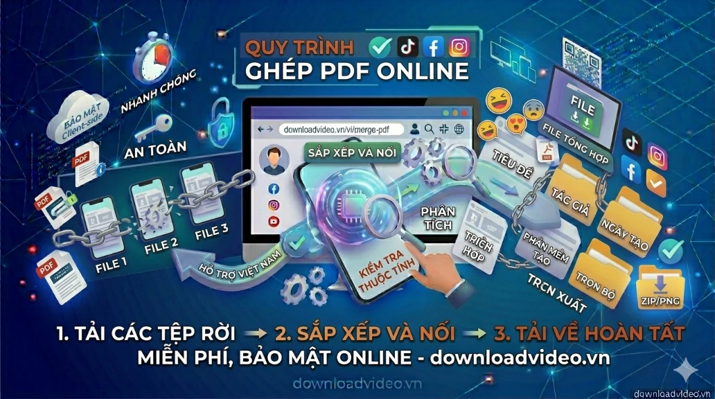 Sơ đồ 3 bước ghép file PDF: 1. Tải các tệp PDF rời rạc lên; 2. Sắp xếp thứ tự các tệp; 3. Nhấn ghép và tải về file duy nhất.