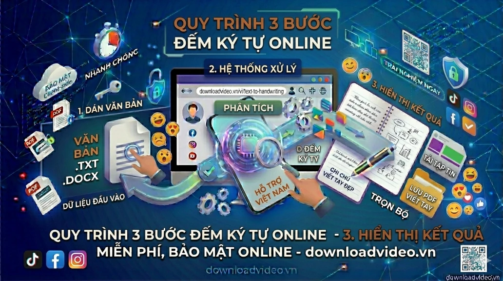 Sơ đồ 3 bước đếm ký tự: 1. Dán văn bản; 2. Phân tích số liệu; 3. Hoàn thiện nội dung.