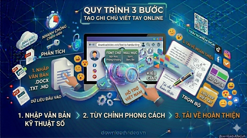 Sơ đồ quy trình: Nhập văn bản -> Chọn font chữ và màu mực -> Tải ảnh trang giấy viết tay hoàn thiện.