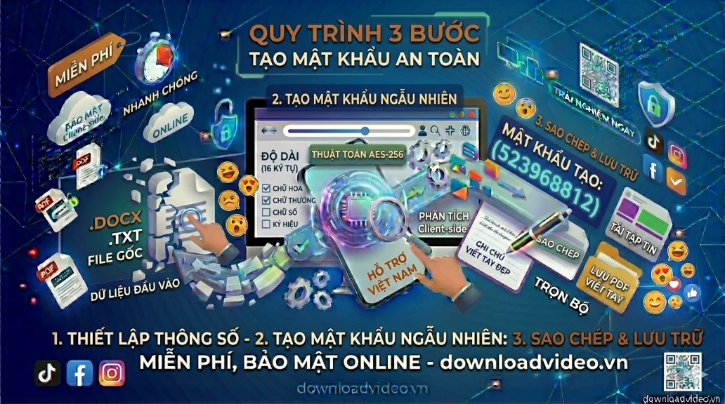 Sơ đồ 3 bước tạo mật khẩu: 1. Chọn thông số tùy chỉnh; 2. Nhấn tạo mật khẩu ngẫu nhiên; 3. Sao chép và lưu trữ an toàn.