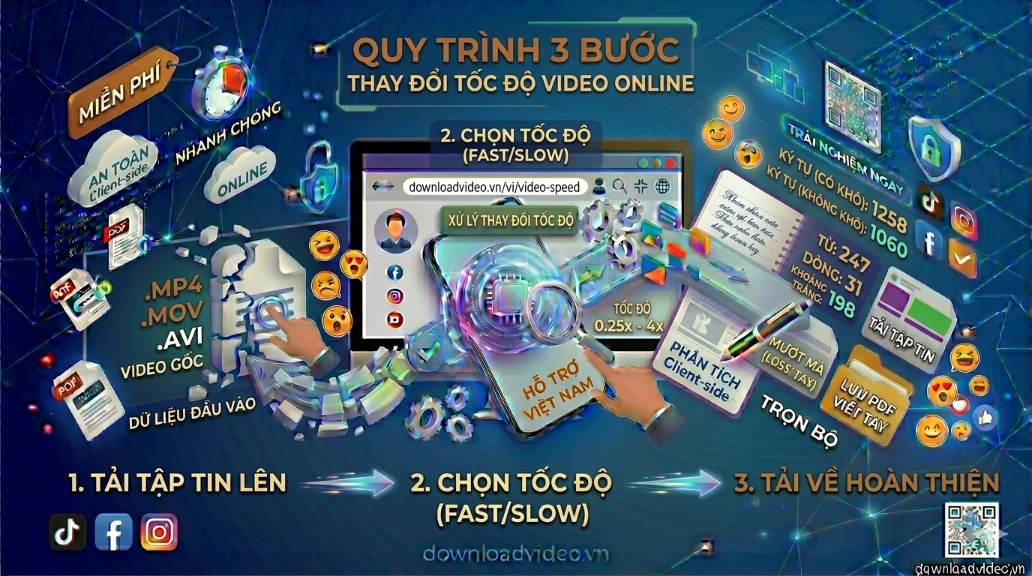 Sơ đồ 3 bước thay đổi tốc độ video trực tuyến: 1. Tải tập tin lên (chọn tệp media .MP4, .MOV, .AVI) từ thiết bị; 2. Hệ thống phân tích Client-side an toàn và chọn tốc độ (Tăng tốc FAST đến 4x hoặc Slow motion SLOW đến 0.25x) trên trình duyệt; 3. Tải về file hoàn thiện về máy tính nhanh chóng. Quy trình an toàn tuyệt đối tại downloadvideo.vn.