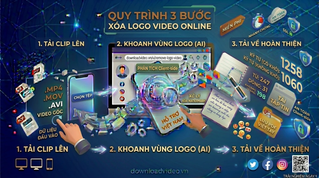 Sơ đồ 3 bước xóa logo video trực tuyến: 1. Tải clip lên (chọn tệp media .MP4, .MOV, .AVI) từ thiết bị; 2. Khoanh vùng logo (AI) thông minh và phân tích dữ liệu trên trình duyệt; 3. Tải về file hoàn thiện đã được loại bỏ watermark về máy tính nhanh chóng. Quy trình an toàn Client-side tuyệt đối tại downloadvideo.vn.