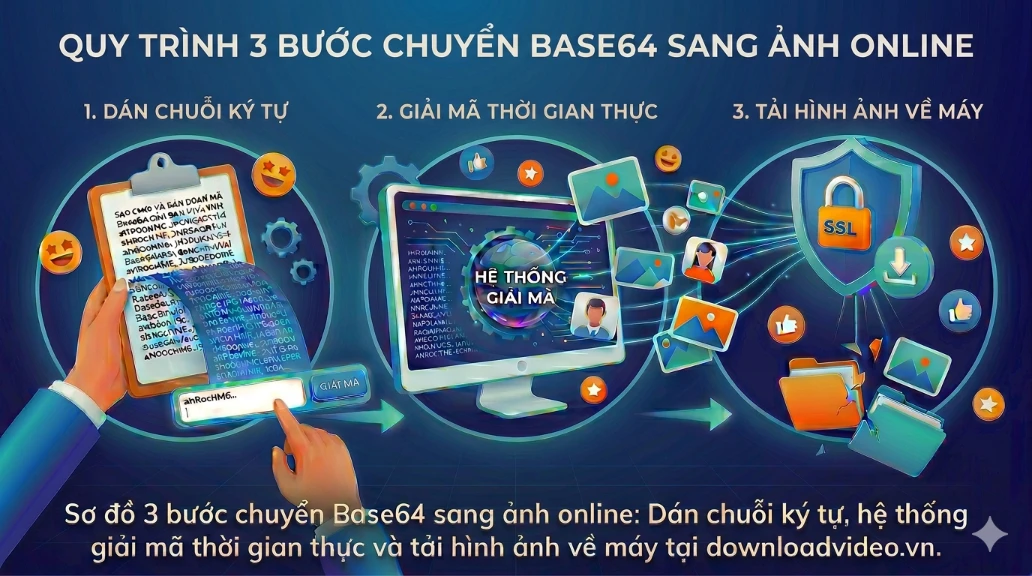 Sơ đồ 3 bước giải mã Base64 sang ảnh online: Dán chuỗi ký tự string, hệ thống xử lý thời gian thực và tải hình ảnh về máy tính an toàn tại downloadvideo.vn.