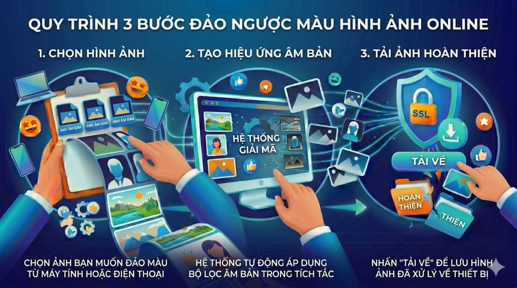 Sơ đồ 3 bước đảo ngược màu hình ảnh online: Tải ảnh từ thiết bị, hệ thống tự động tạo hiệu ứng âm bản trong tích tắc và tải ảnh hoàn thiện về máy tính tại downloadvideo.vn.