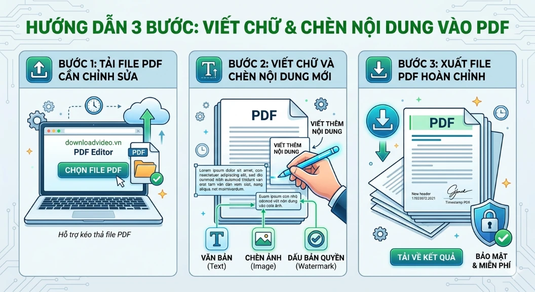 Infographic hướng dẫn 3 bước đơn giản để viết chữ và chèn thêm nội dung vào file PDF online