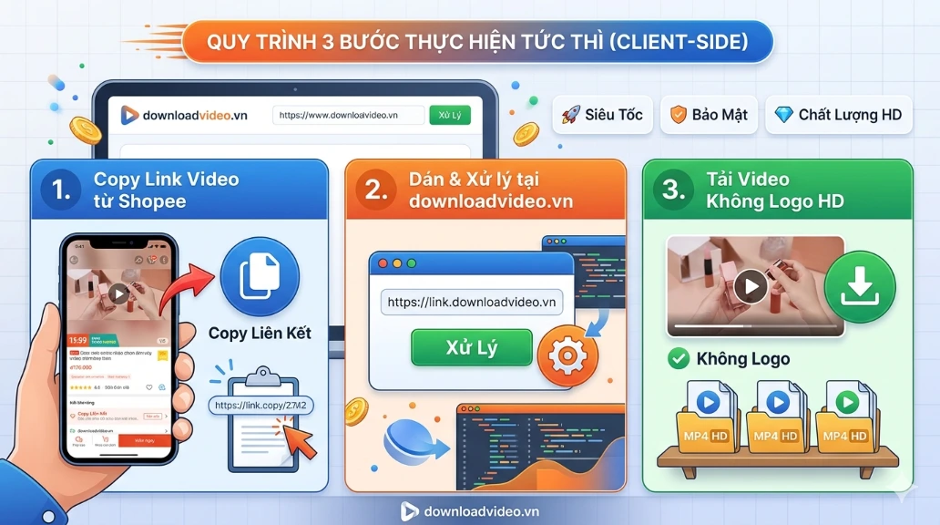 Infographic quy trình 3 bước tải video Shopee không logo: 1. Sao chép link từ app Shopee, 2. Dán link vào website downloadvideo.vn, 3. Tải về video MP4 chất lượng HD không dính watermark.