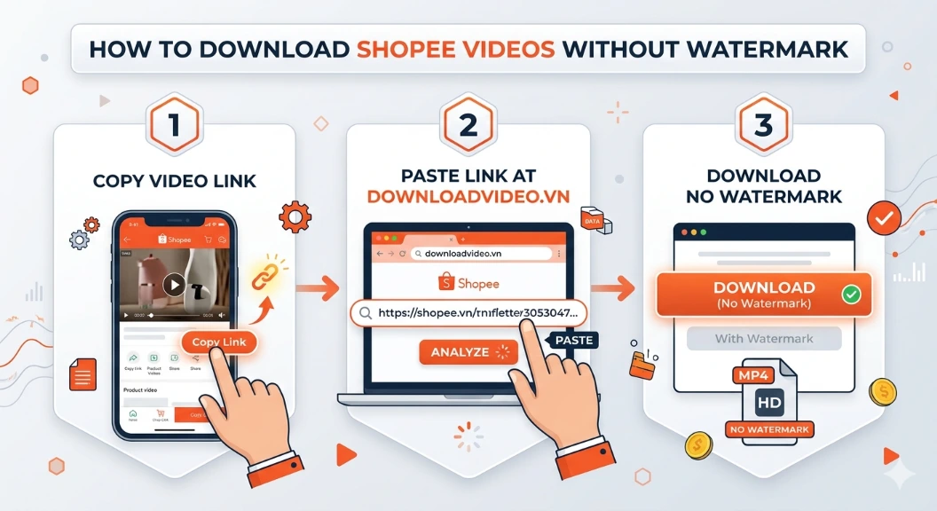 Infographic showing 3 steps to download Shopee videos without watermark: Copy link, paste at downloadvideo.vn, and save to device.
