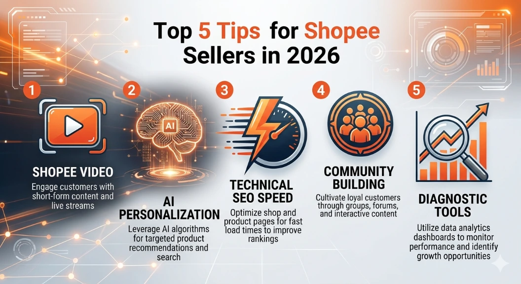Professional infographic detailing 5 essential tips for Shopee sellers in 2026, including Shopee Video, AI personalization, technical SEO, community building, and diagnostic tools.